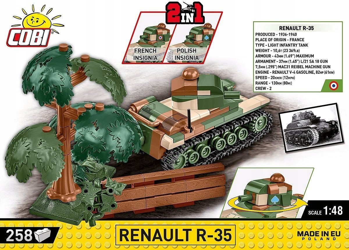Cobi COBI 2719 Historical Collection WWII Francuski lekki czołg piechoty Renault R-35 258 klocków
