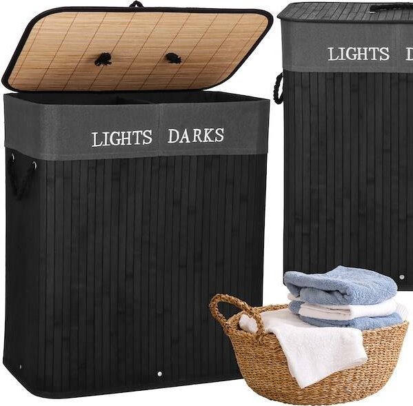 Kosz na pranie Springos Kosz na pranie 100L z pokrywą czarny bambus dwukomorowy czarny UNIWERSALNY