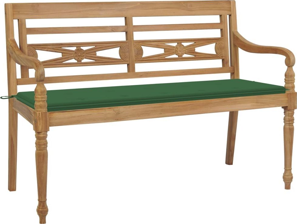 vidaXL Ławka Batavia z zieloną poduszką, 150 cm, drewno tekowe (3062186)