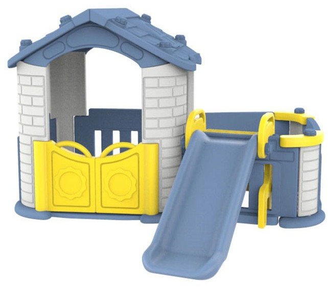 Ramiz Duży Domek ogrodowy 5w1 dla dzieci + Zjeżdżalnia + Koszykówka + Ogródek + Stolik + 2 Krzesełka Niebieski Dach