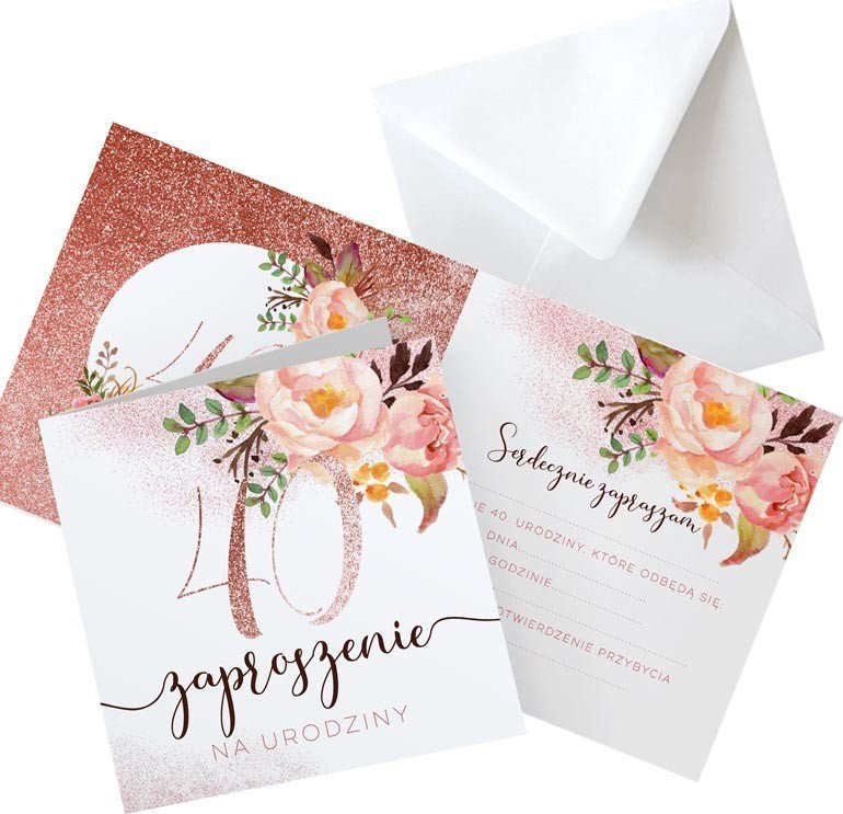 ZAPROSZENIA na 40 urodziny Glittery Flowers 10szt (+koperty)