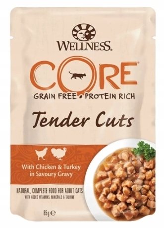 Brit Core Tender Cuts, karma mokra dla dorosłych kotów z kurczakiem i indykiem w sosie, 85g, saszetka, 8szt/DISPLAY