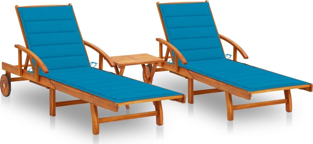 vidaXL Leżaki z poduszkami i stolikiem lite drewno akacjowe 2 szt.