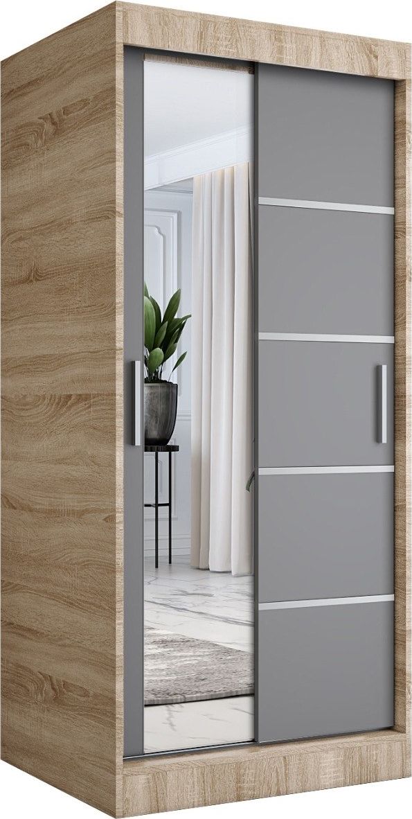 MKPOL Szafa przesuwna MODUO COMFORT 3 90 dąb sonoma/antracyt z lustrem