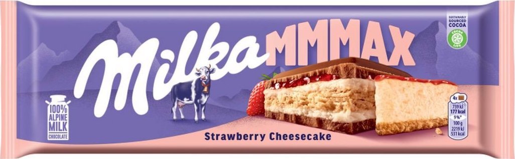 Milka Mmmax Herbatnik nadzienie o smaku sernika i nadzienie truskawkowe w czekoladzie mlecznej 300 g