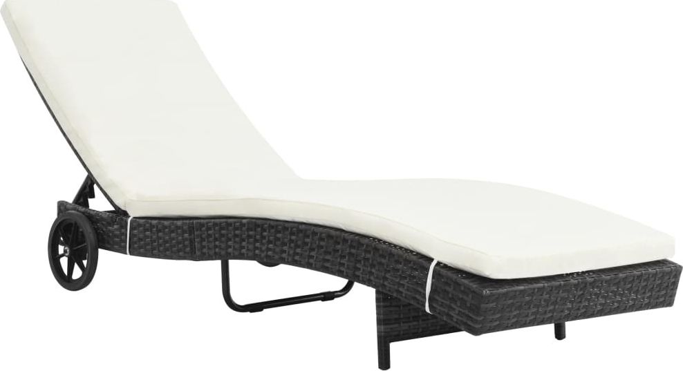 vidaXL Leżak z poduszką i kółkami, polirattan, czarny