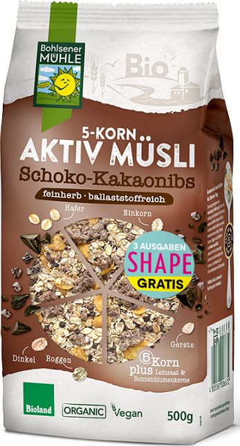BOHLSENER MUEHLE MUSLI 5 ZBÓŻ Z KAWAŁKAMI CZEKOLADY I PRAŻONYMI ZIARNAMI KAKAO BIO 500 g - BOHLSENER MUEHLE
