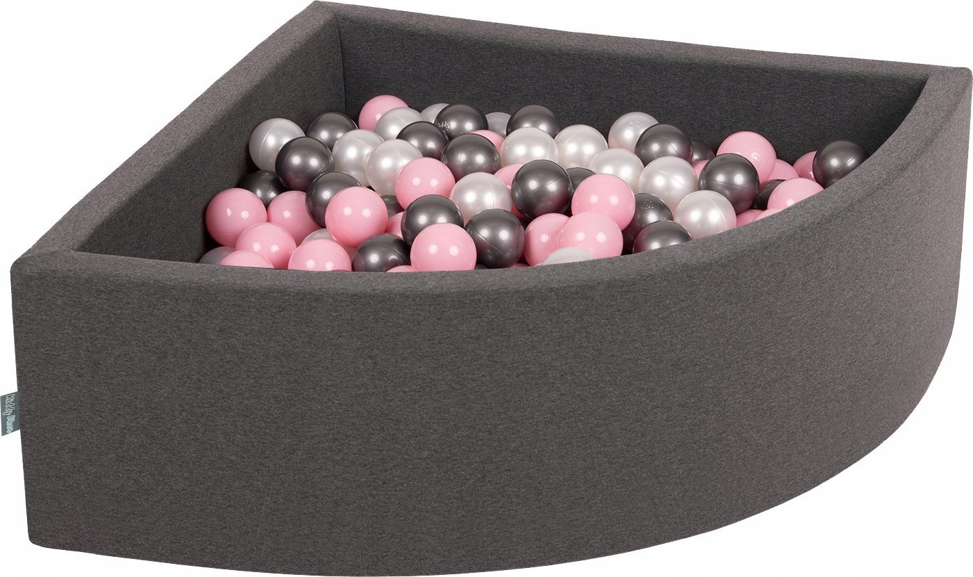KiddyMoon Suchy basen trójkątny z piłeczkami 7cm ciemnoszary: perła-pudrowy róż-srebrny 90x30cm/300piłek Zabawka basen piankowy