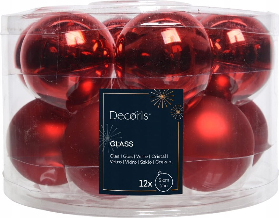Kaemingk Zestaw 12 szklanych bombek choinkowych 5cm czerwone błyszczące matowe