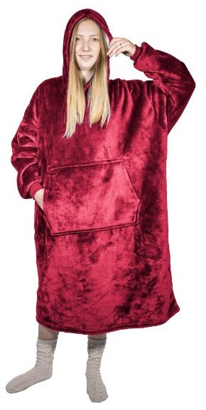 Ponczo telewizyjne z kapturem Hoodie bordo - kocobluza z futerkiem, ciepłe, długi rękaw, duża kieszeń