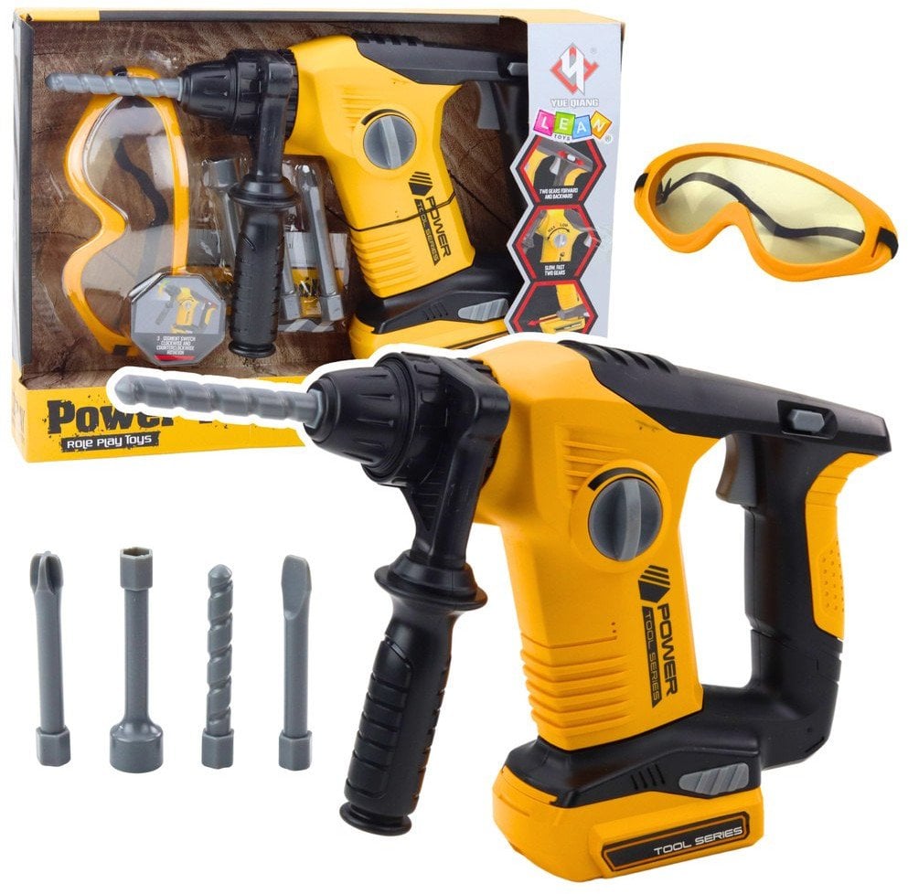 Młotowiertarka Udarowa Dla Dzieci 4 Wymienne Końcówki Okulary Żółta LEAN Toys