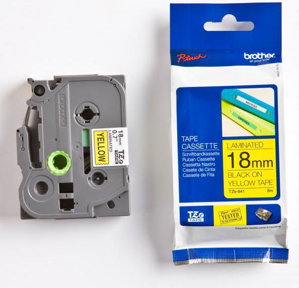 Brother Taśma do drukarek etykiet czarny druk / żółty podkład laminowane 18mm x 8m (TZE641)
