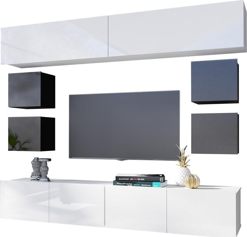 Selsey SELSEY Meblościanka Kirdon z kubikami i wiszącymi zamkniętymi półkami Biały / Czarny