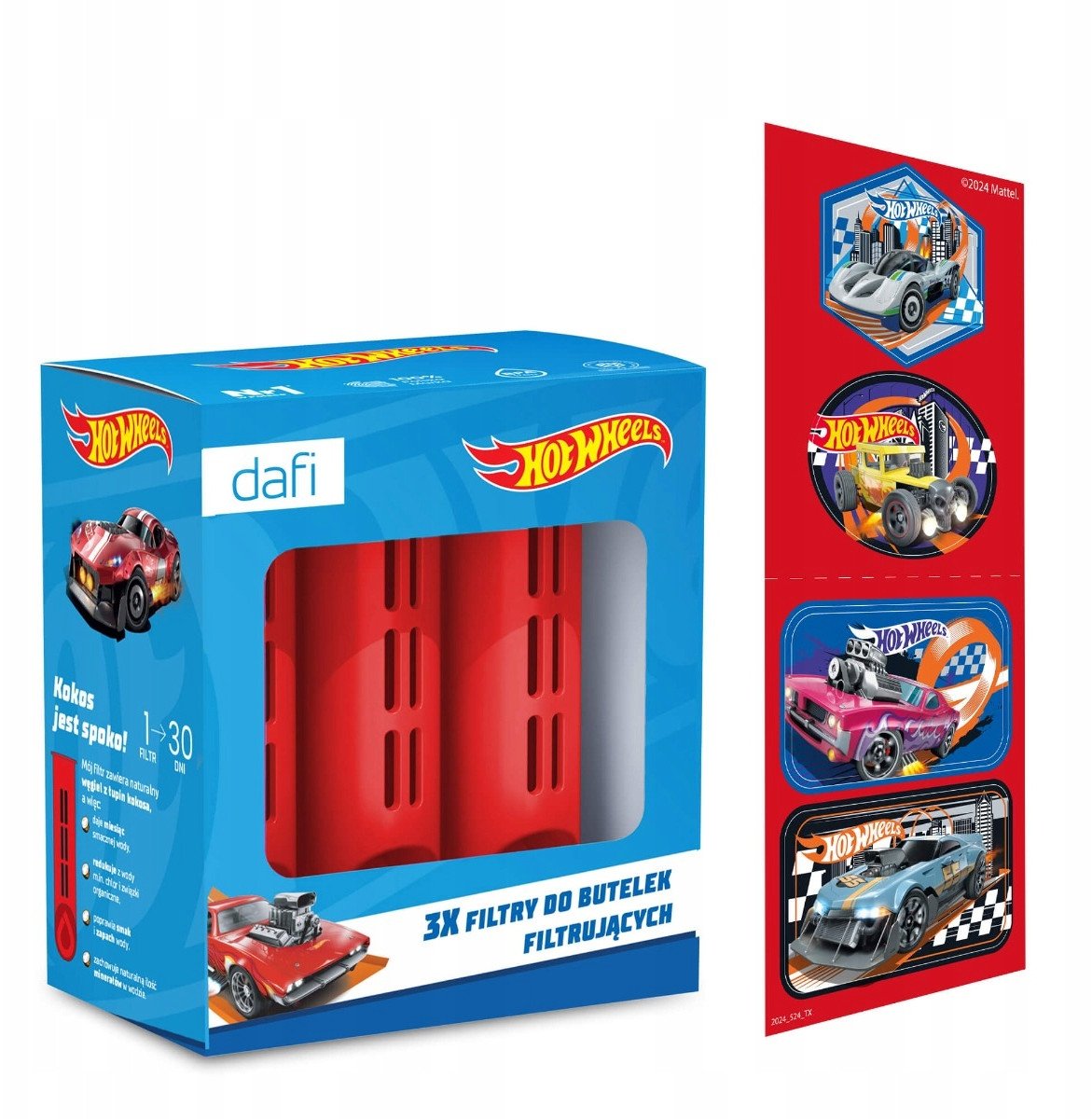 HOT WHEELS 3 Filtry do Butelki Filtrującej Dafi Czerwone + Naklejki