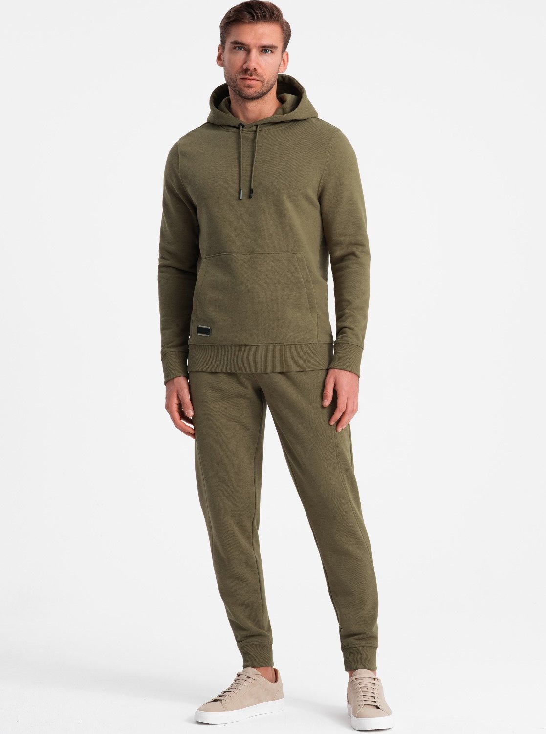 Ombre Męski bawełniany dresowy komplet BASIC bluza kangurka + joggery oliwkowy V2 Z85 XL