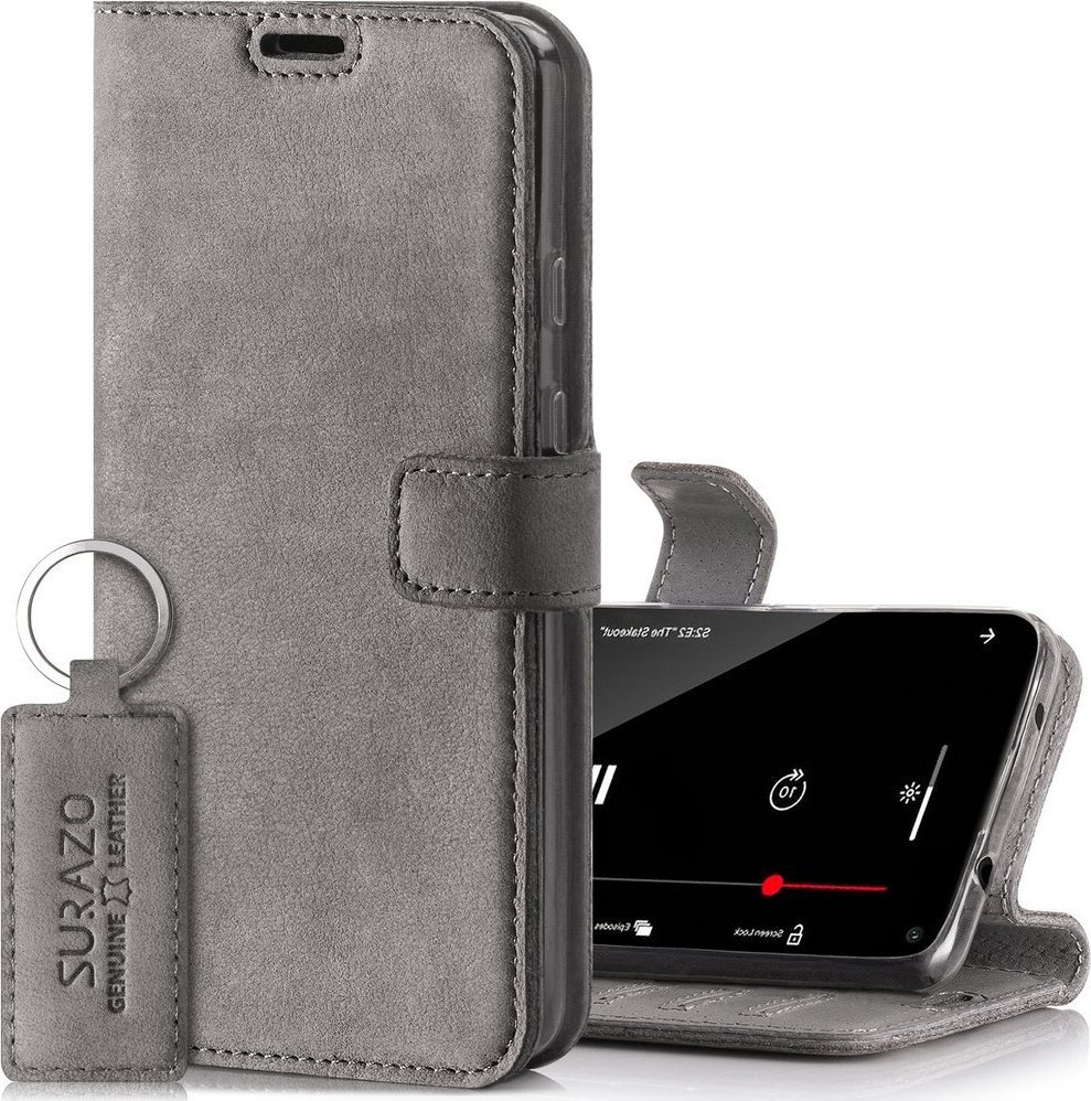 Surazo Skórzane etui na telefon RFID Wallet case - Nubuk Szary - TPU Czarne Samsung Galaxy S22 Plus