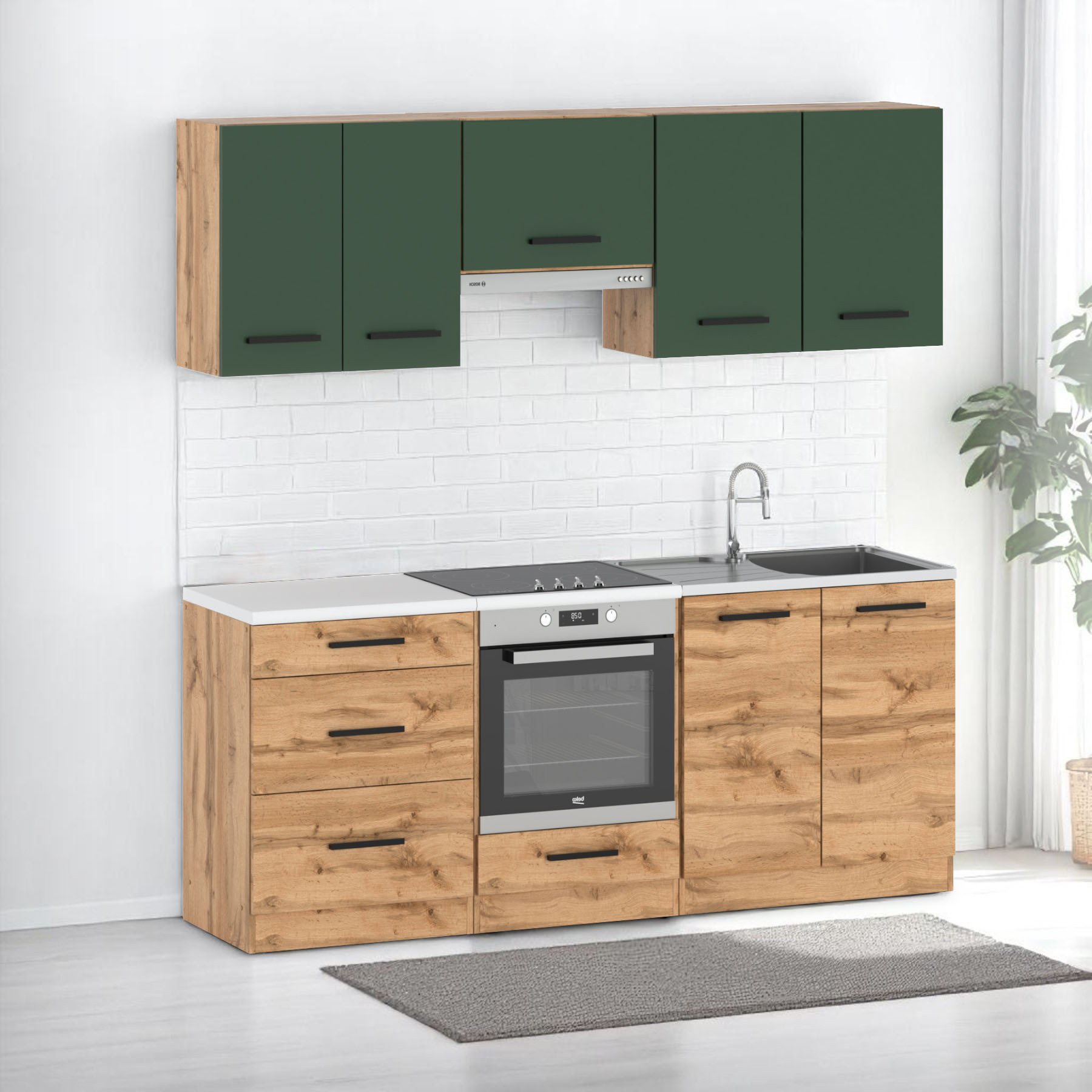 Kuchnia Mała Modułowa Z Blatem Pojemna 2.0m Wotan Butelkowa Zieleń Wotan