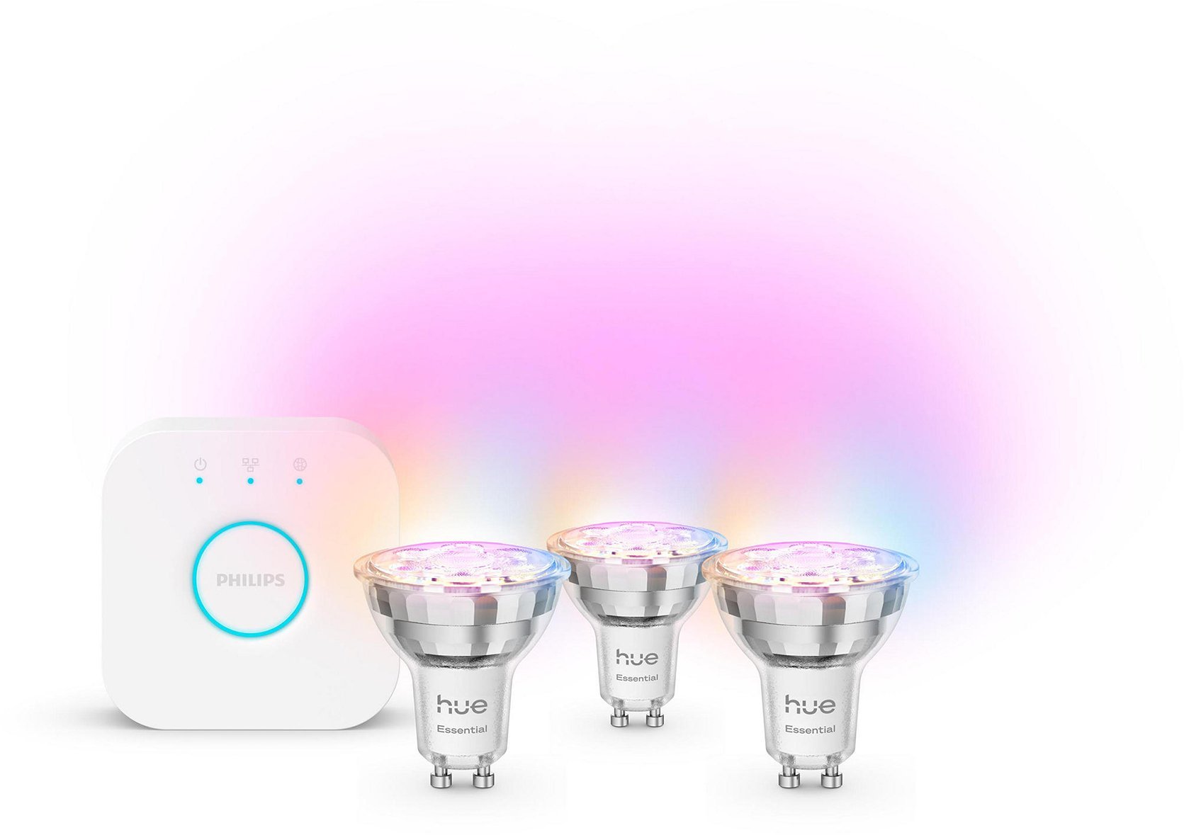 Philips Hue Essential Starter Kit Spotlight + Hue Bridge Full Color GU10 3 gab. biała - Inteligentny zestaw oświetleniowy 929004235707 (8721103103710)