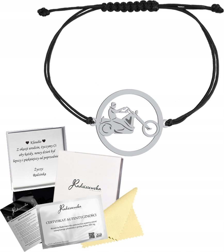 Radziszewska Jewellery Bransoletka Srebrna Motocykl Motocyklista Sznurek 925 Prezent GRAWER GRATIS