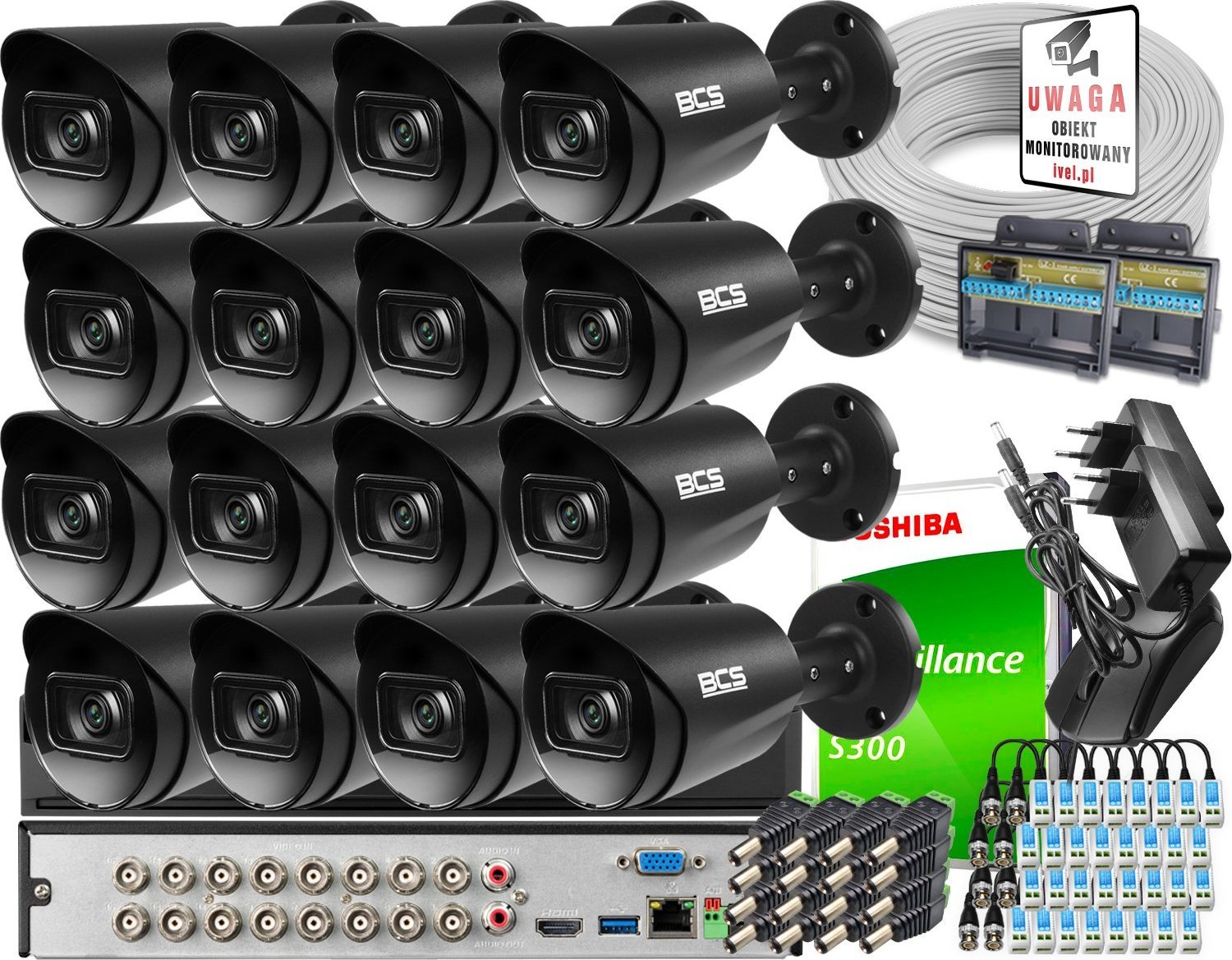BCS Monitoring Full HD zestaw do firmy domu BCS Rejestrator cyfrowy hybrydowy BCS-XVR1601-IV 16x Kamer BCS-TA12FR3-G Akcesoria