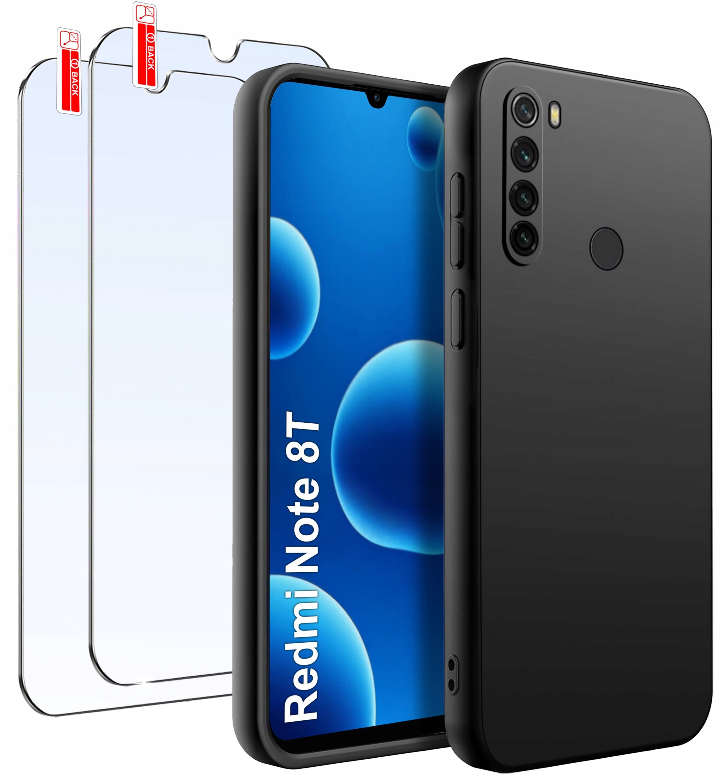 ZESTAW Etui do Xiaomi Redmi Note 8T Matowe Czarne Silikon Slim +2 SZT SZKŁO
