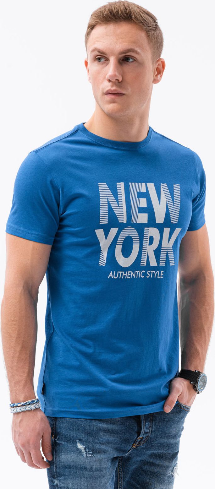 Ombre T-shirt męski z nadrukiem S1434 V-24B - ciemnoniebieski XL