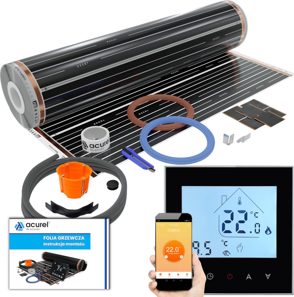 Acurel Termostat WiFi do ogrzewania elektrycznego + folia grzewcza 6m2 + akcesoria montażowe