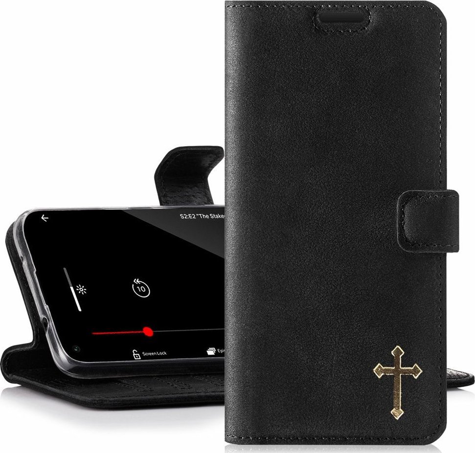 Surazo Skórzane etui na telefon Wallet case - Nubuk Czarny - Krzyż Samsung Galaxy A80