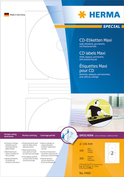 Herma Etykiety samoprzylepne Maxi 4460, A4, na CD, białe, okrągłe, Ø 116 mm, papier matowy, 200 szt (4460)