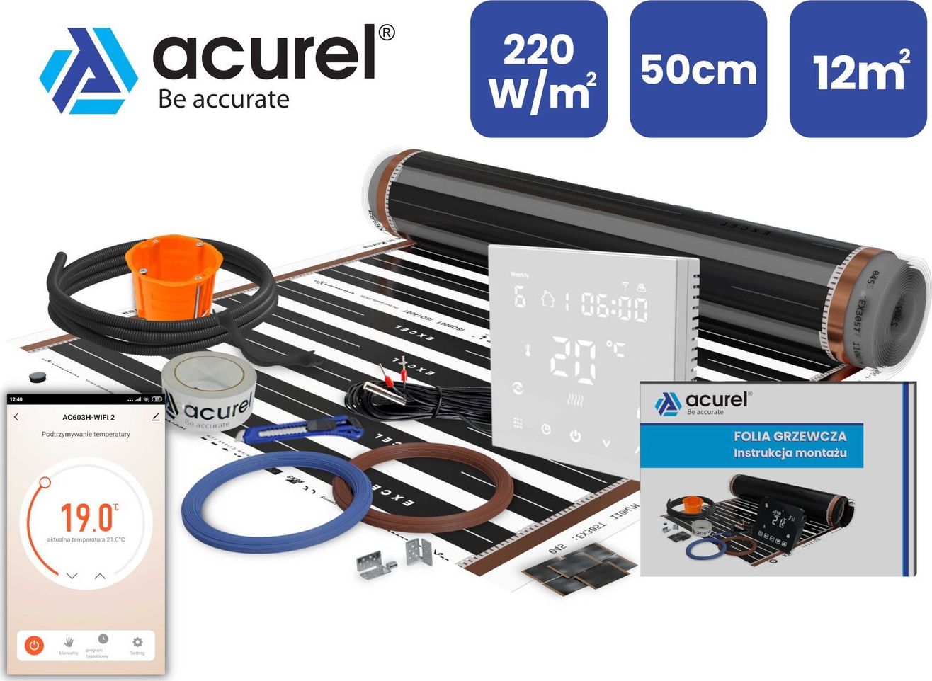 Acurel Termostat WiFi do ogrzewania elektrycznego + folia grzewcza 12m2 + akcesoria montażowe uniwersalny