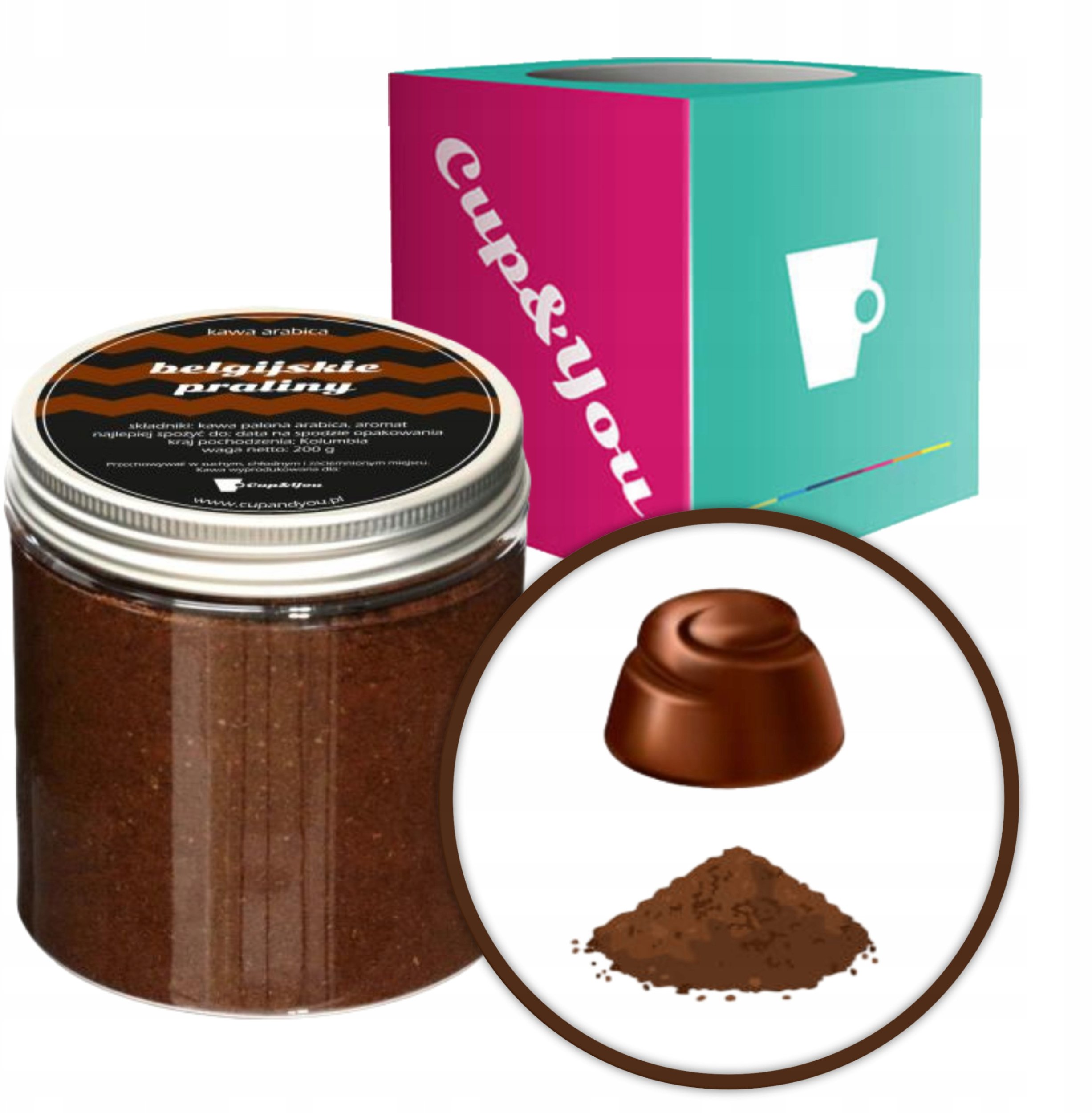 Kawa aromatyzowana mielona smak BELGIJSKIE PRALINY ARABICA Cup&You 200g na prezent upominek dla kobiety mężczyzny faceta mamy taty żony męża