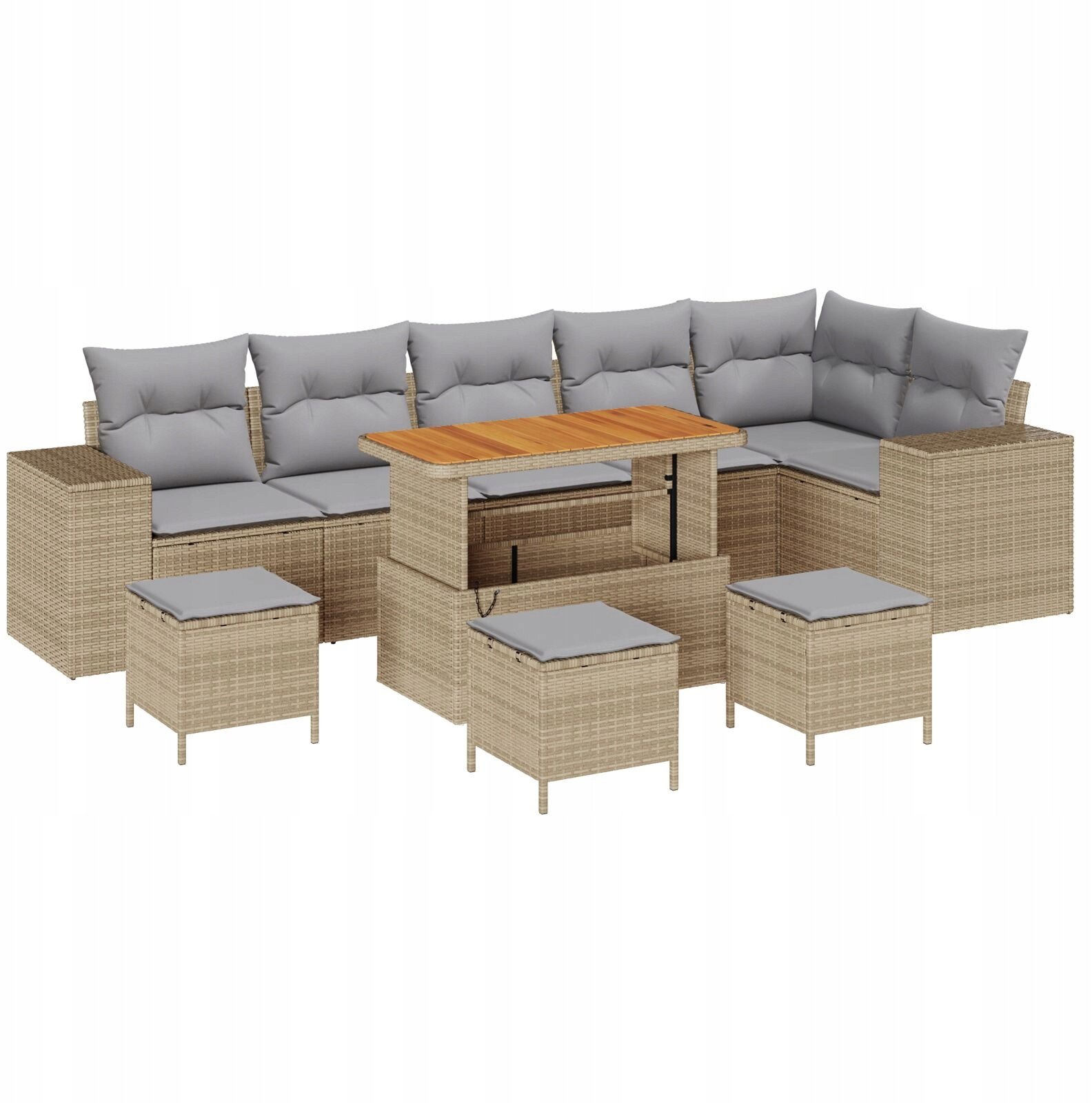 10-elementowy zestaw sofy ogrodowej z poduszkami brązowy polirattan akacja, 4-elementowy jadalny zestaw ogrodowy z poduszkami beżowy polirattan akacja