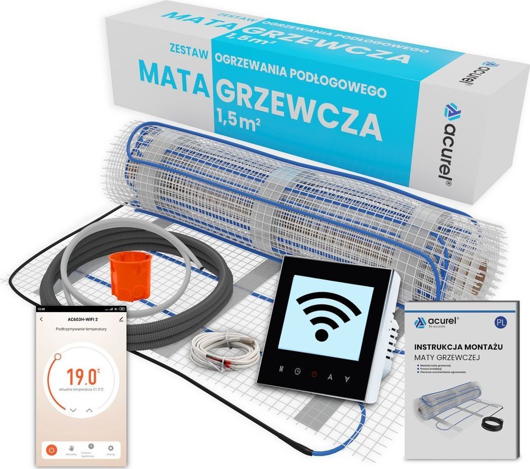 Acurel Dotykowy termostat regulator sterownik 16A WiFi + mata grzewcza 1,5m2 + akcesoria