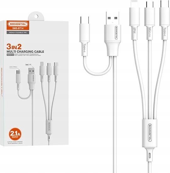 Kabel USB Somostel KABEL USB 3W1 SOMOSTEL BIAŁY 2,1A 10W QUICK CHARGER POWERLINE PD SMS-BT14