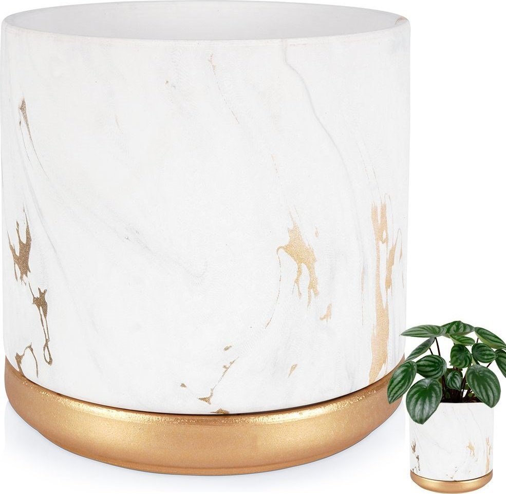 Vilde Doniczka z podstawką ceramiczna marmur złota biała 13,5 cm