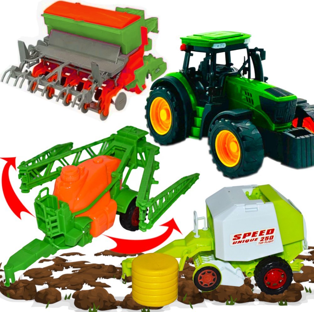 tomdorix Zestaw Farmerski 3w1 Traktor z Napędem + Siewnik, Prasa i Opryskiwacz