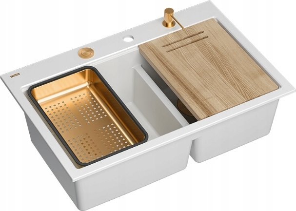 Zlewozmywak GraniteQ MARC 120 WORKSTATION GraniteQ zlewozmywak 2-komorowy 760*500*235 mm snow white + syfon push to open + dozownik + deska + wkładka