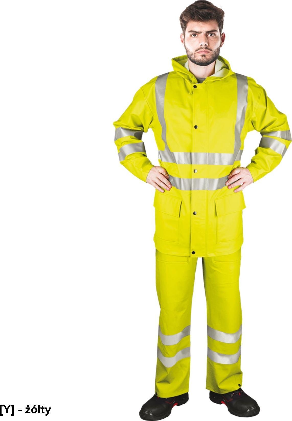 R.E.I.S. KPLPUFLUO - komplet przeciwdeszczowy bluza + ogrodniczki, kaptur, wysoka wytrzymałość - żółty 2XL