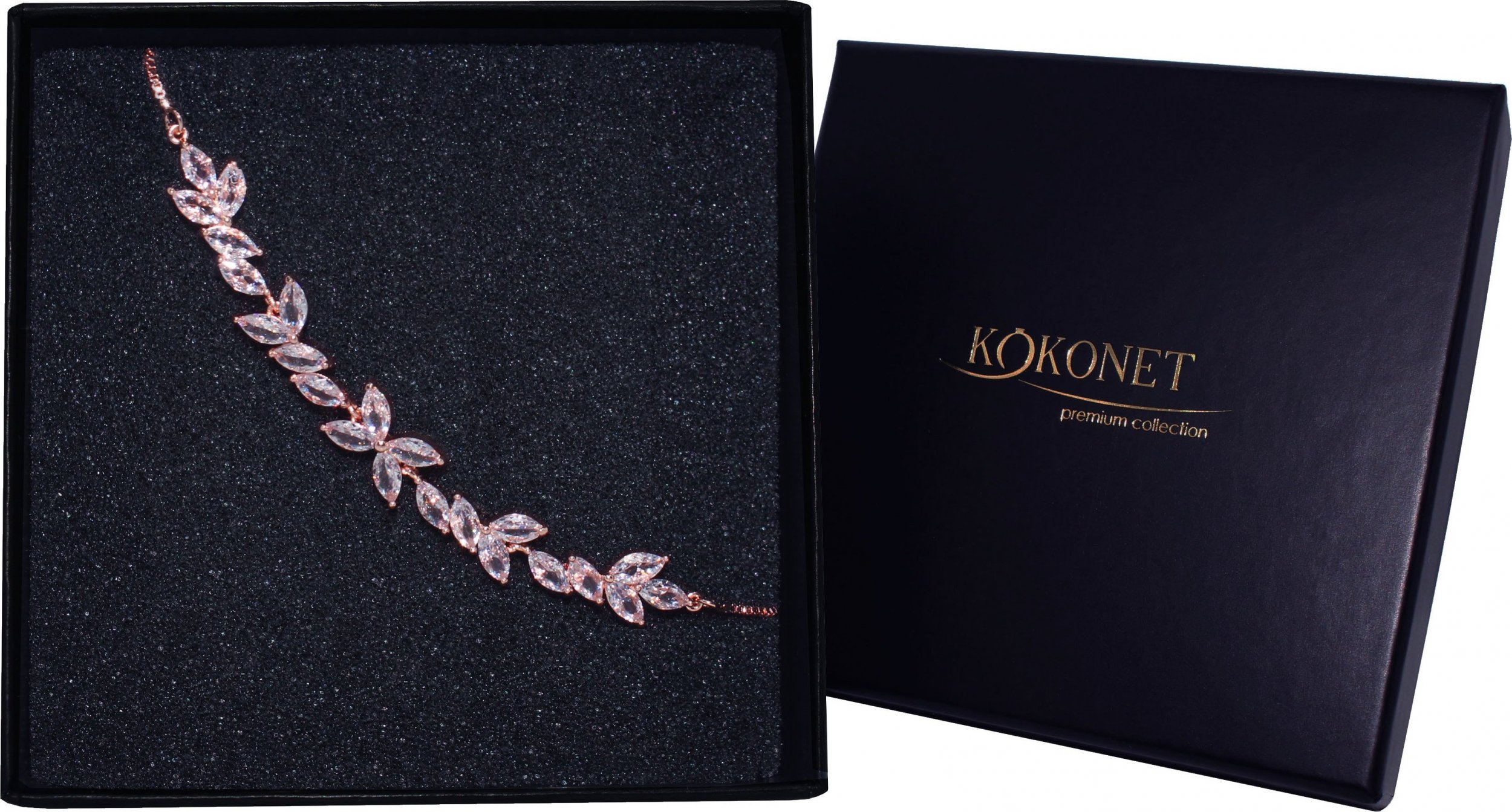 KOKONET Bransoletka różowe złoto listki kryształki boho glam BLASK klasa pudełko