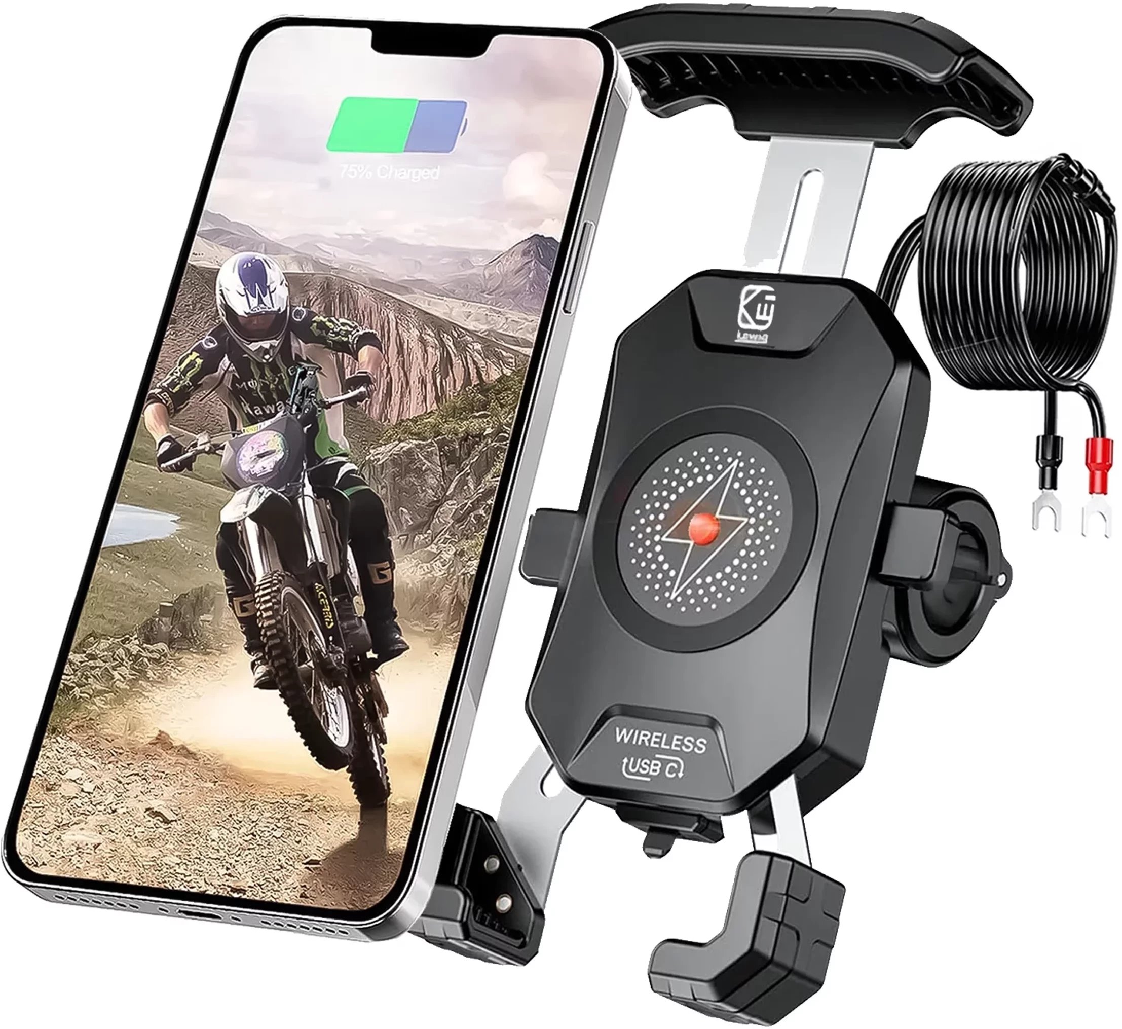Uchwyt Motocyklowy na kierownicę KEWIG M14-A1 na telefon z ładowarką Qi + PD USB-C z systemem przeciwwstrząsowym na motor quada skuter Czarny