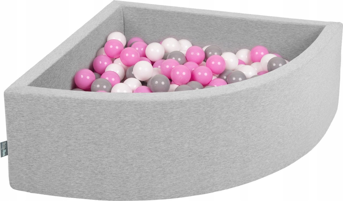 KiddyMoon Suchy basen trójkątny z piłeczkami 7cm jasnoszary: szary-biały-róż 90x30cm/300piłek Zabawka basen piankowy