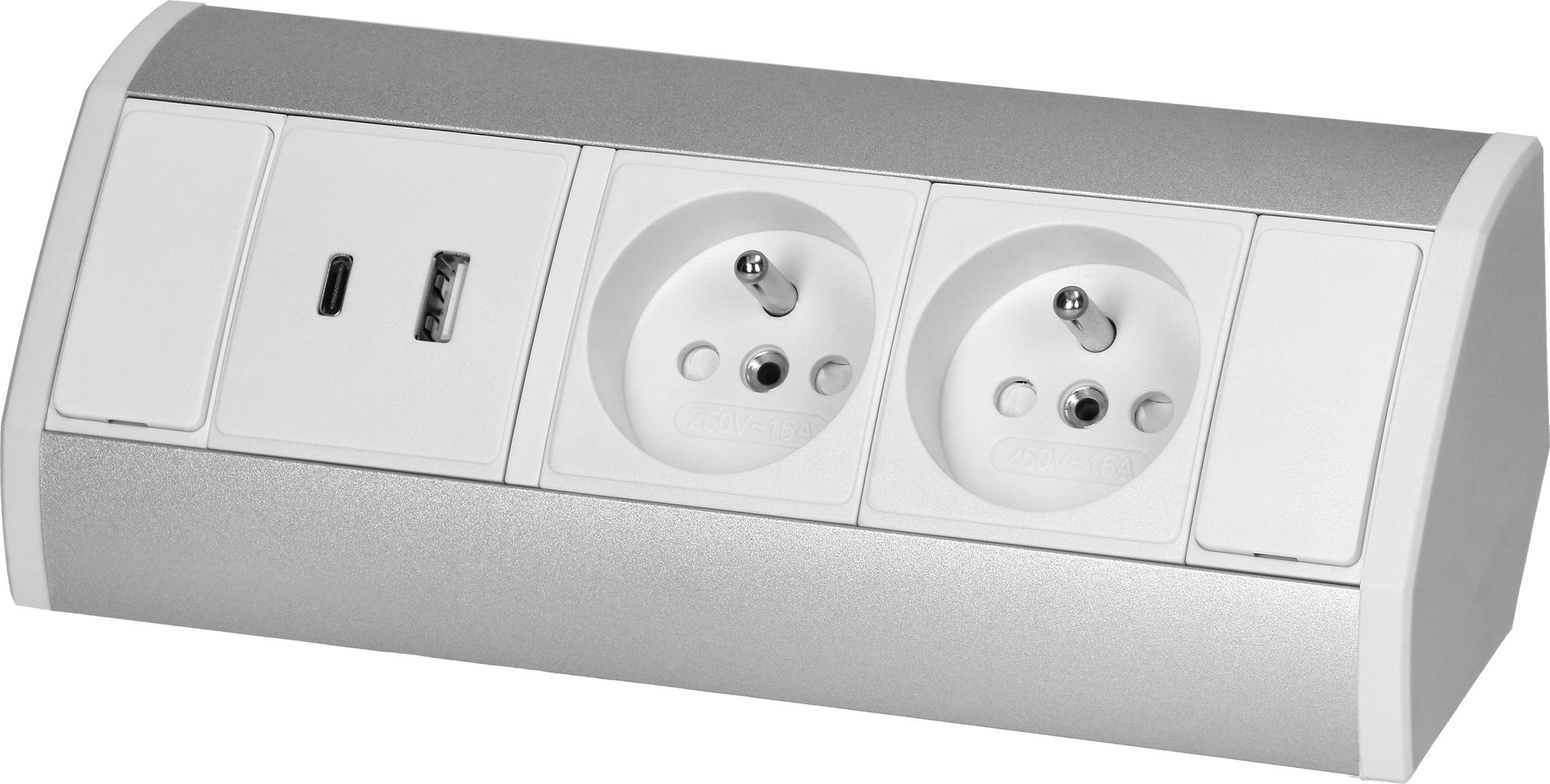 Orno Gniazdo meblowe 2x2P+Z, 2xUSB (typ A+C; 2,4A), biało-srebrne