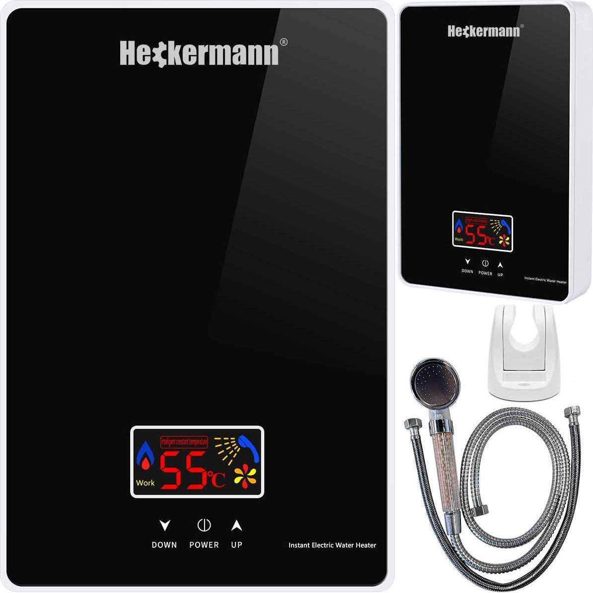 Przepływowy podgrzewacz wody Heckermann Zestaw Przepływowy elektryczny podgrzewacz wody Heckermann SL-X1-60 Czarny + Akcesoria