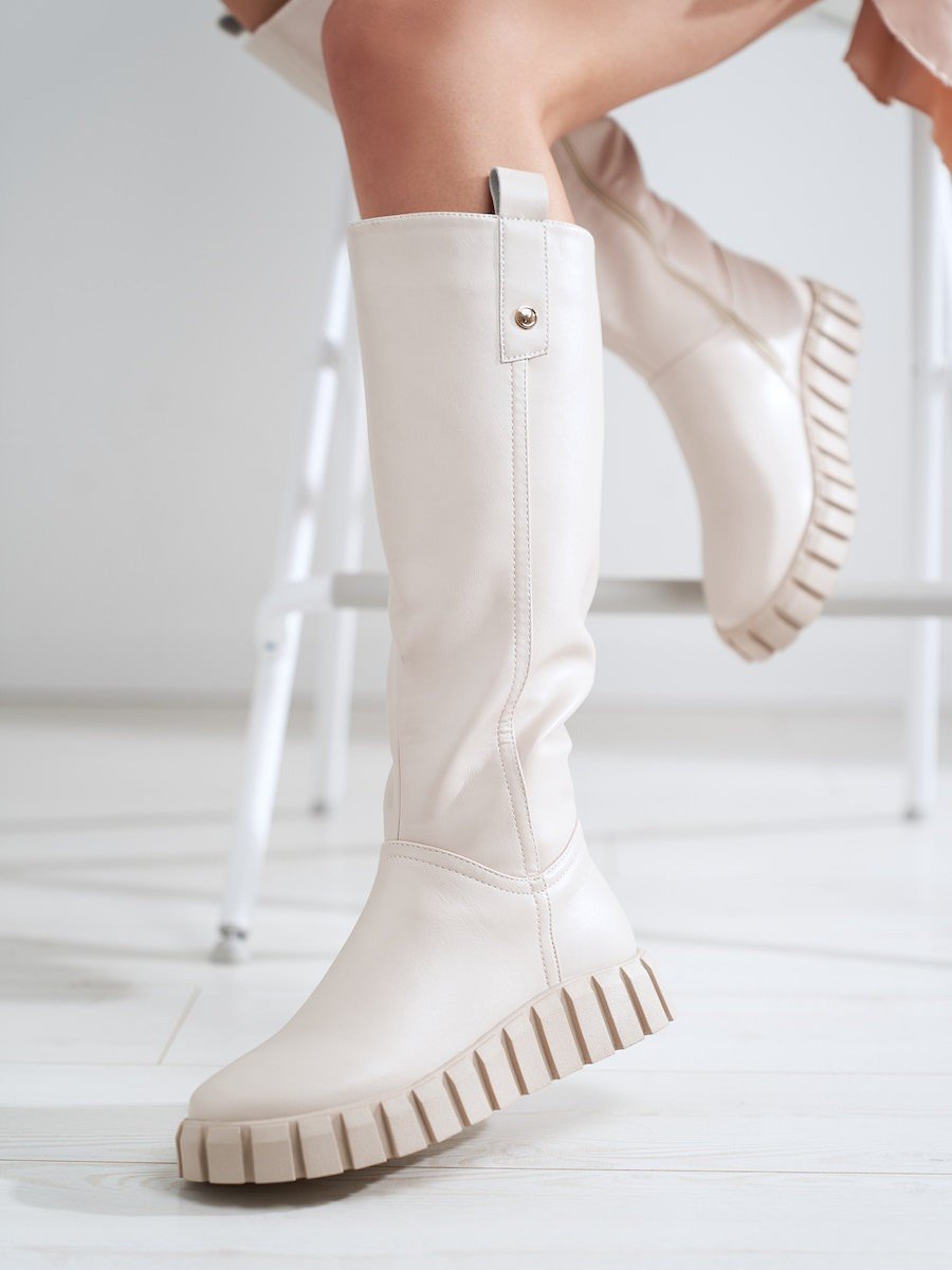 W. Potocki Kremowe kozaki damskie na platformie Potocki : Rozmiar - 39