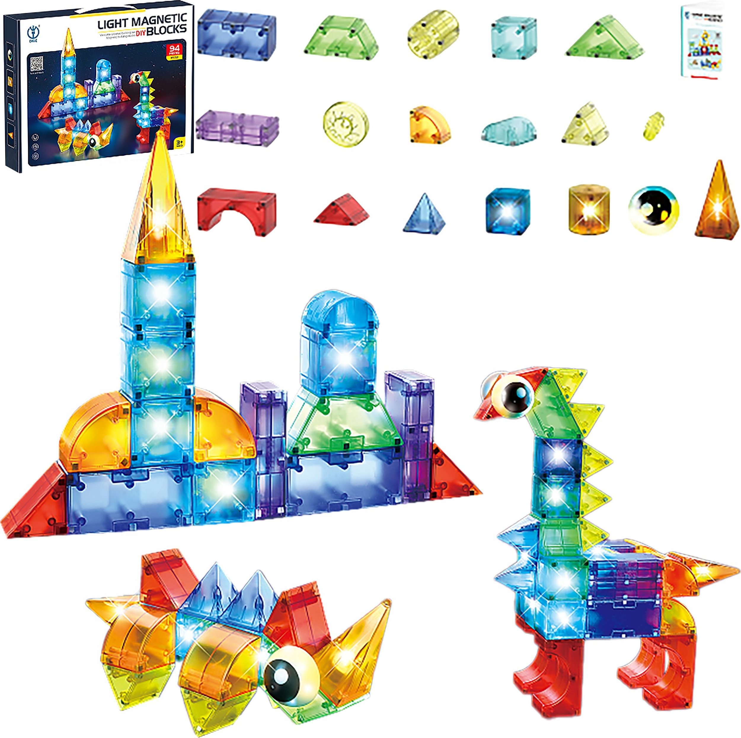 Klocki Magnetyczne, Konstrukcyjne, Świecące Elementy, Figury 3D 94 El.