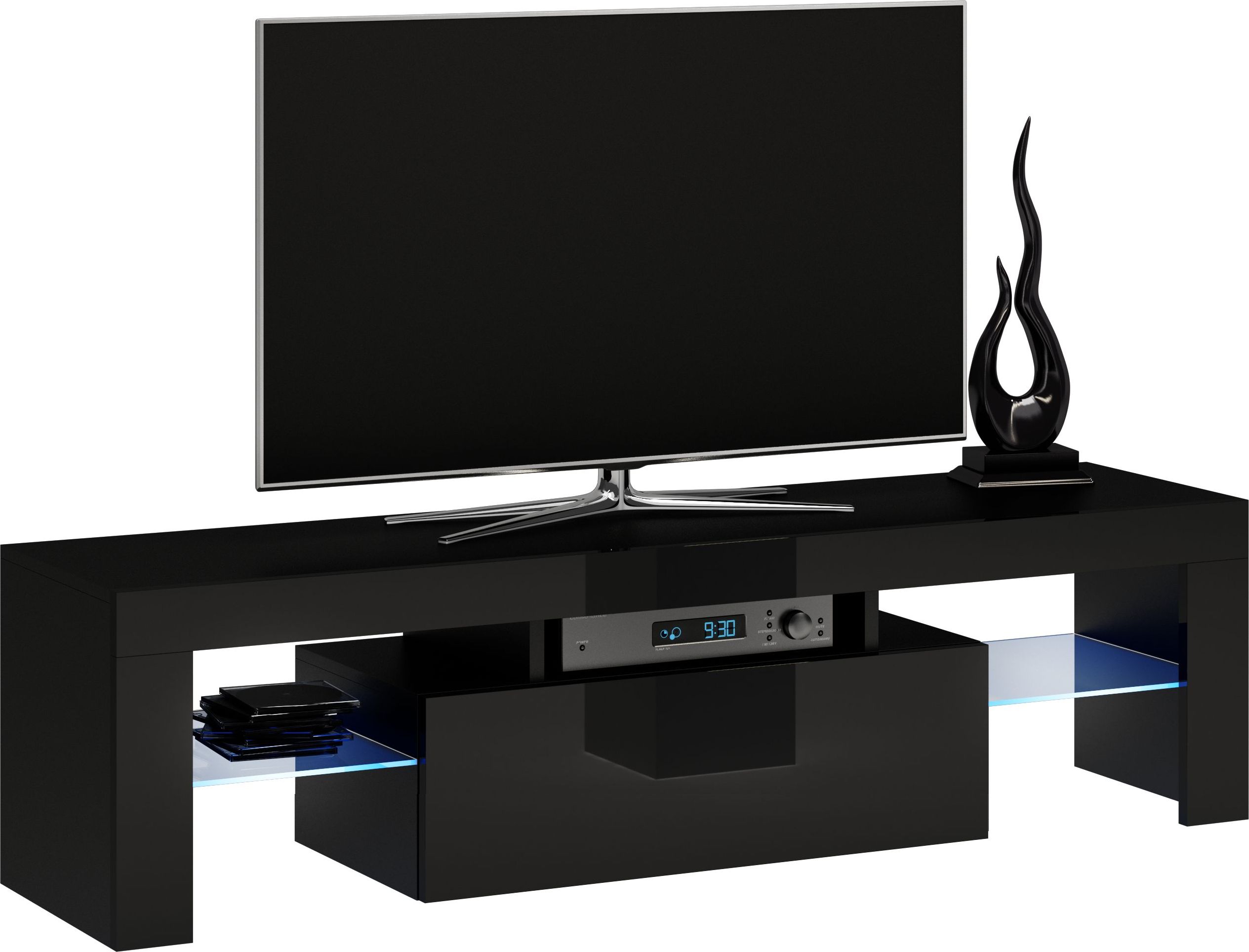 Topeshop Szafka RTV Deko 140cm CZERŃ POŁYSK SZYBA