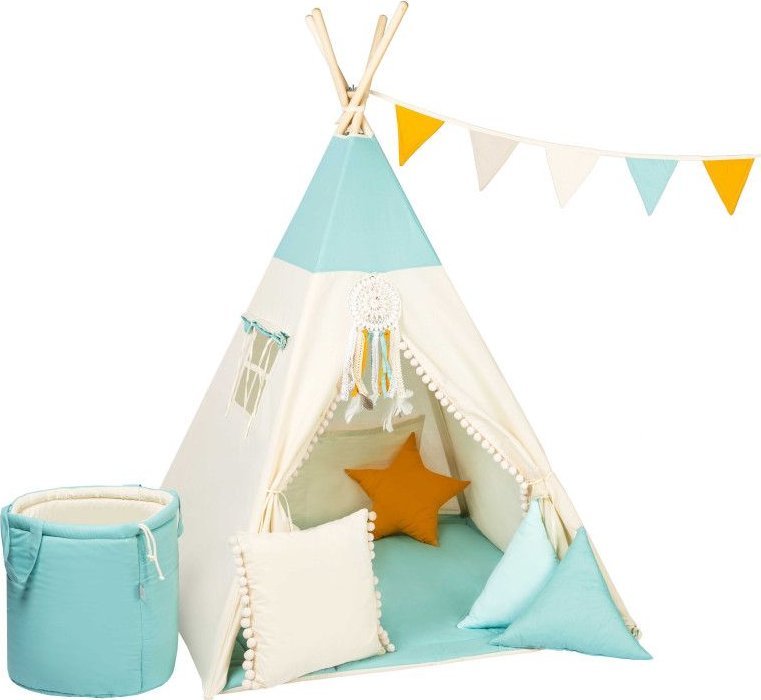 SowkaDesign Namiot dla dzieci, bawełniany, duży zestaw, błękitny sen, 110x160 cm