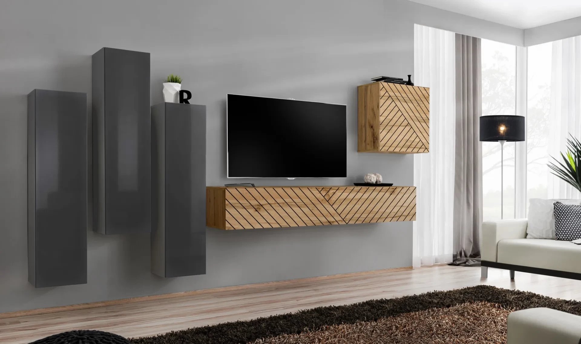 Meblościanka SWITCH LAMEL III szara/dąb wotan ASM Meble