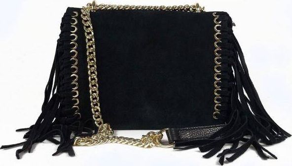 Kemer Piękna duża listonoszka A5 frędzle ,złoto ,dzety ,łańcuch skóra zamsz z dollaro czarna VPZ88N