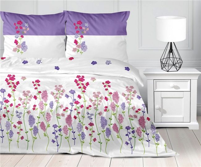 Greno Pościel satynowa 220x200 Flowery wiosenna łąka biała liliowa fioletowa Bielbaw Greno